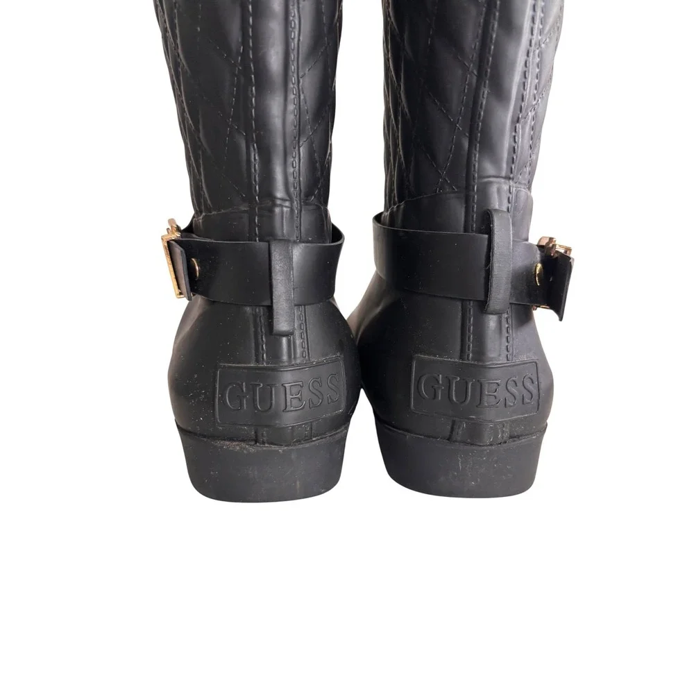 Guess GWJULUE Black Quilted Tall Rain Boots Matte Buckle Detail Womens 9